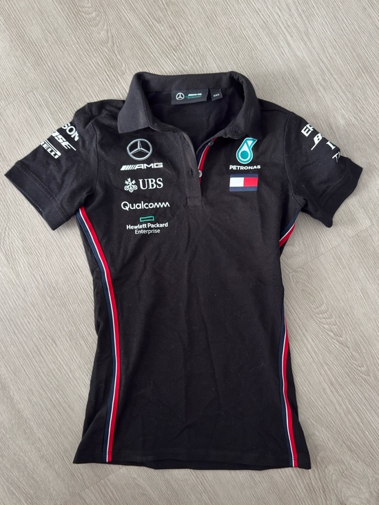 Mercedes AMG Petronas Tops - Mercedes AMG Petronas Black Short Sleeve Team Polo with Red & White Trim